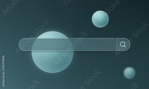 Glass morphism search bar with magnifier icon and gradient spheres on dark teal background