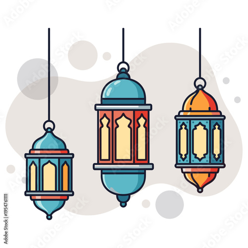 Colorful hanging lanterns suspended against white decorative background. non editable strokes