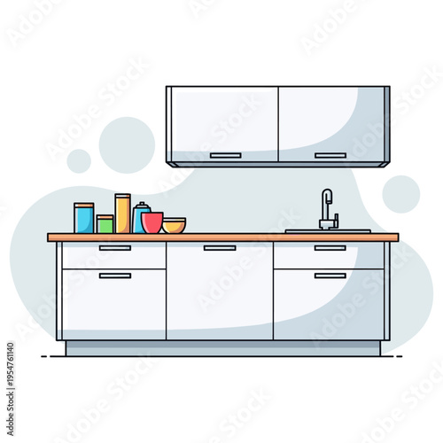 Modern kitchen cabinets arranged with sink and countertop units. non editable strokes