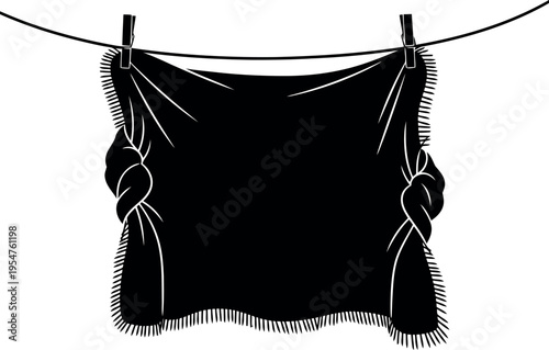 Black Fabric Curtain With Fringe And Rope Hanging On Clothesline