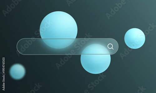 Glass morphism search bar with blue gradient spheres on dark teal background for UI design