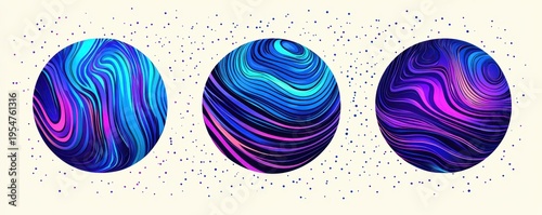 Three abstract colorful spheres with wavy fluid lines and scattered dots surrounding them