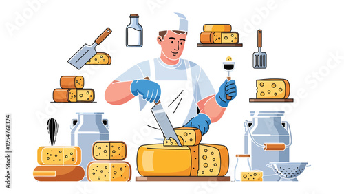 Cheese Artisan at Work: An artisan meticulously cuts a wheel of cheese with precision, surrounded by an assortment of dairy products and cheeses.