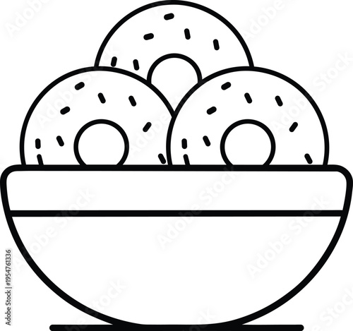 bowl of donuts. Bitten donut icon with sprinkles and glaze variations.