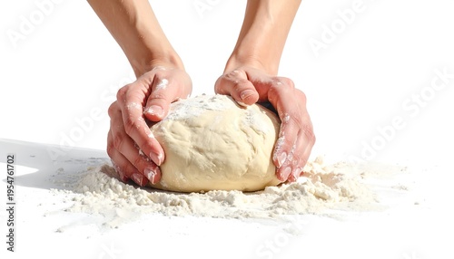 Close-up of hands kneading a ball of raw dough dusted with flour against a clean white background