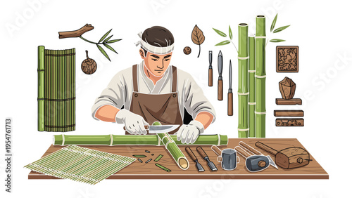 Artisan Crafting Bamboo: A skilled artisan meticulously works with bamboo, demonstrating traditional craftsmanship and expertise with his tools. 