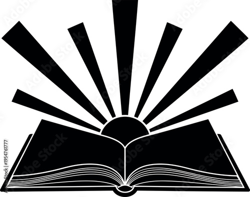Open book with sun rays shining from between pages symbolizing enlightenment