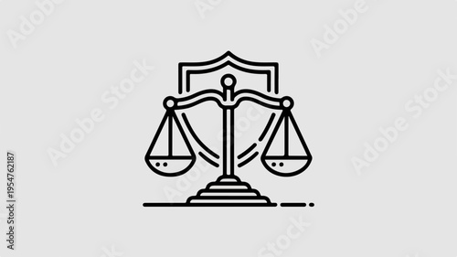 Scales of justice icon with shield symbolizing law balance and fairness in a simple line art style on gray background