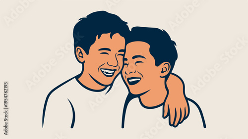 Two men smiling and embracing happy friendship moment illustration of male bonding and affection