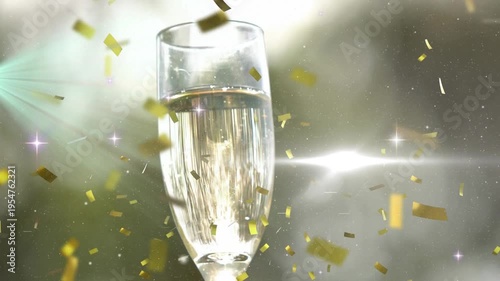 Animation of stars and confetti over hand with glass of champagne