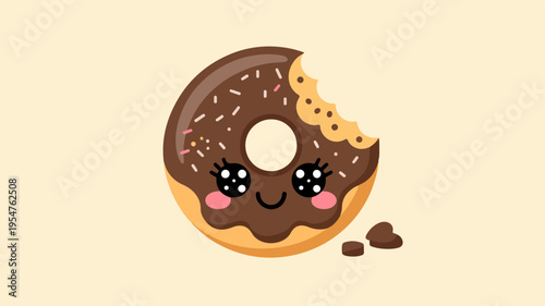 Chocolate donut with bite taken smiling face happy expression on beige background sweet treat