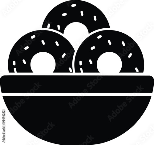 bowl of donuts. Bitten donut icon with sprinkles and glaze variations.