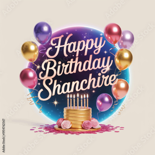 A birthday greeting card design with a cosmic space background featuring a gradient from deep purple to bright blue._traced