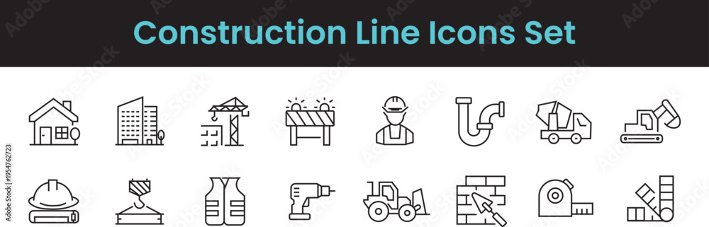 Fototapeta premium Construction Line Icons Set Building, Property and Architecture Editable Stroke Vector Collection