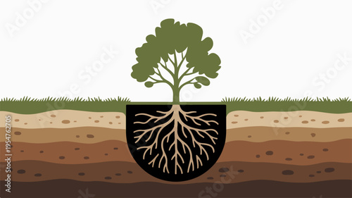 Tree with roots in soil layers cross section of underground growth and green foliage above ground eco friendly concept