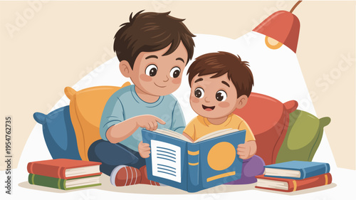 Two brothers reading a book together on a comfortable couch with colorful pillows and stacks of books