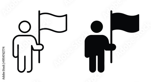 Leadership and goal-setting icon set with a person holding a flag in outline, solid, and hand-drawn doodle styles, vector illustrations for achievement, motivation, and success concept design projects