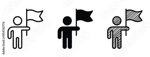 Leadership and goal-setting icon set, person holding a flag in multiple styles—outline, solid, and doodle—representing guidance, ambition, and target achievement for business, coaching