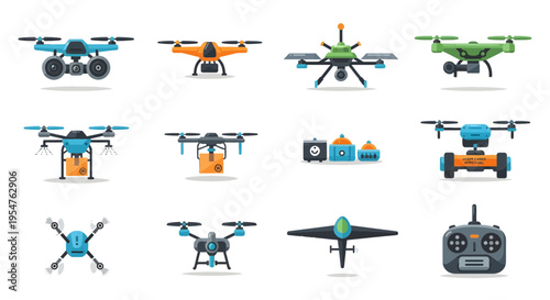 Set of Professional Drone Icons and Unmanned Aerial Vehicles (UAV) for Delivery, Agriculture, and Photography - Flat Vector Illustration
