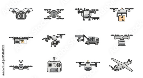 Industrial Drone Icons Set - Unmanned Aerial Vehicle (UAV) for Logistics, Delivery, and Surveillance - Flat Line Vector Illustration