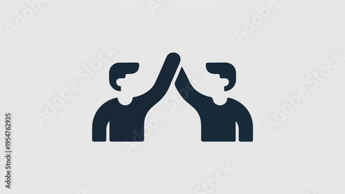 Two people high fiving each other in a celebratory gesture with arms raised in a dark blue silhouette on a light gray background