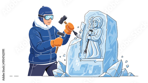 Crafting the Cold: A dedicated artist skillfully chisels intricate details into a block of ice, bringing a captivating sculpture to life, embodying creativity and craftsmanship. 