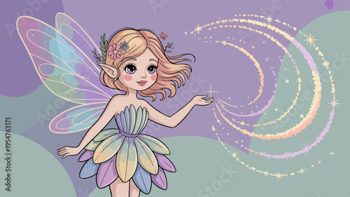 Whimsical fairy with iridescent wings and flower dress creating magic sparks in a dreamy purple and green atmosphere