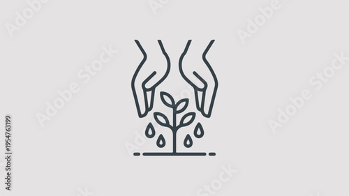 Hands nurturing a young plant with water droplets on a neutral background