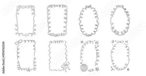 Doodle whimsical frames with disco balls, blinks y2k . Coquette borders with bows set. Ribbon and lace ink black Bachelorette squiggle menu cadre. Vector wedding frame isolated on white background.