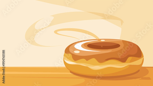 Delicious glazed donut with steam rising on wooden table sweet treat concept with warm lighting
