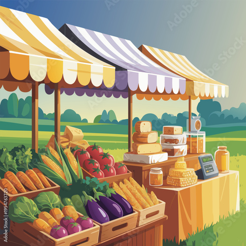 Outdoor farm market stalls, wooden fair booths or kiosks with striped awning and farmer food honey, dairy products and vegetables. Wood vendor counters for street trading, Cartoon vector illustration