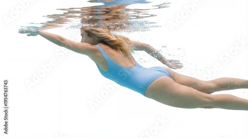 underwater view of a young beautiful woman swimming in the pool, isolated on white background