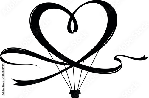 Elegant black heart connected to hot air balloon design illustration