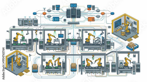 Industrial robotic manufacturing process diagram.