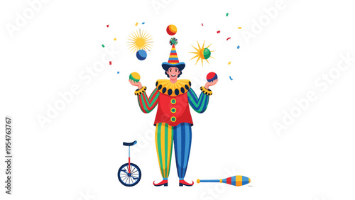 A Clown's Spectacle: A vibrant clown captivates with a masterful display of juggling, seamlessly tossing colorful spheres amidst whimsical confetti, embodying the playful spirit of the circus.
