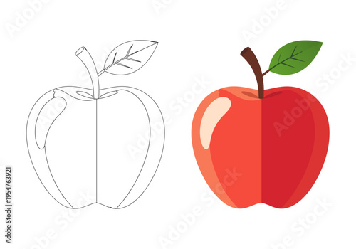 フラットで幾何学的な赤リンゴのイラストセット：カラー版とぬりえ用線画、子供向けベクター素材