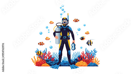 Underwater Explorer's Journey: A diver gracefully navigates the depths of the ocean, surrounded by a vibrant coral reef teeming with marine life. Bubbles rise as they explore the underwater world.