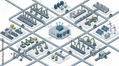 Industrial isometric factory with various machinery.
