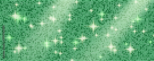Green metallic glitter folded fabric background. Mosaic texture for luxury fashion and cosmetics design. Shiny sequin tile pattern with glamour sparkle for party. Vector glam emerald label design.