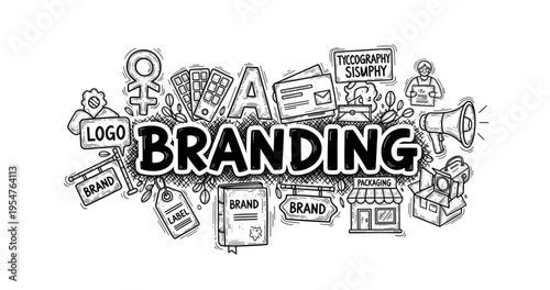 Creative branding elements and typography sketch with various design tools