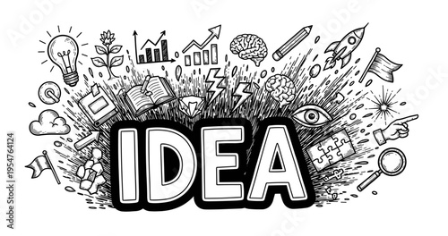 Creative explosion of ideas with icons and symbols in black and white design
