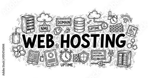 Web hosting concept with various icons and keywords in black and white