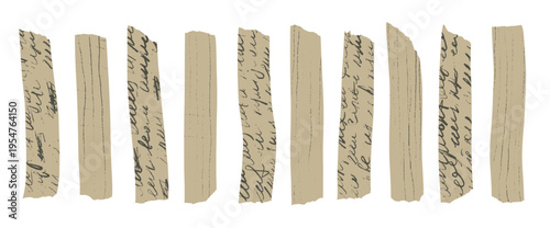 Beige washi tape collection with decorative paper strips, sticky masking elements, and vintage scrapbook stickers for creative craft projects and journal decoration. Vector script poem textured tapes.