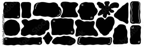 Quote frame various geometric shapes. Irregular organic square, rectangle area for text. Vector uneven heart, oval boxes for feedback. Rectangular, arch blank with quotation marks on white background.