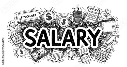 Dynamic salary concept with money icons and financial elements in black and white