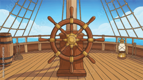 A detailed illustration of a wooden ship's wheel on a wooden deck (1)_traced