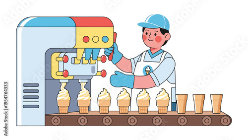 Ice Cream Creation: An illustration of a skilled worker meticulously crafting delectable ice cream cones using a specialized machine.