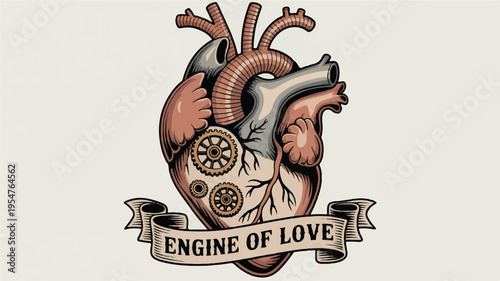 A detailed steampunk-style illustration of a mechanical heart with gears and pipes 