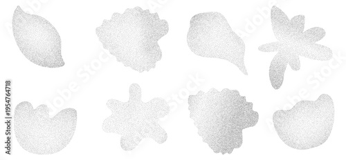 Grain flower shapes and leaves in aesthetic airbrush noise with soft gradation. Figure icons with gentle grain blur and flower dotwork texture. Botanical vector set for journal sticker.