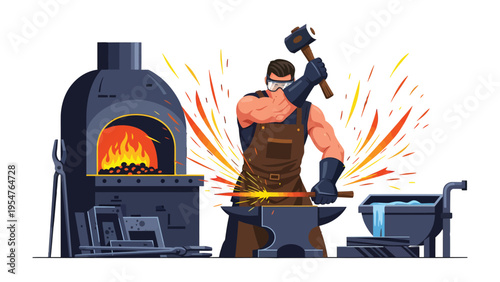 Forge Artisan: A skilled artisan, clad in protective gear, masterfully hammers a piece of glowing metal on an anvil, sparks flying amidst the intense heat of a roaring forge.